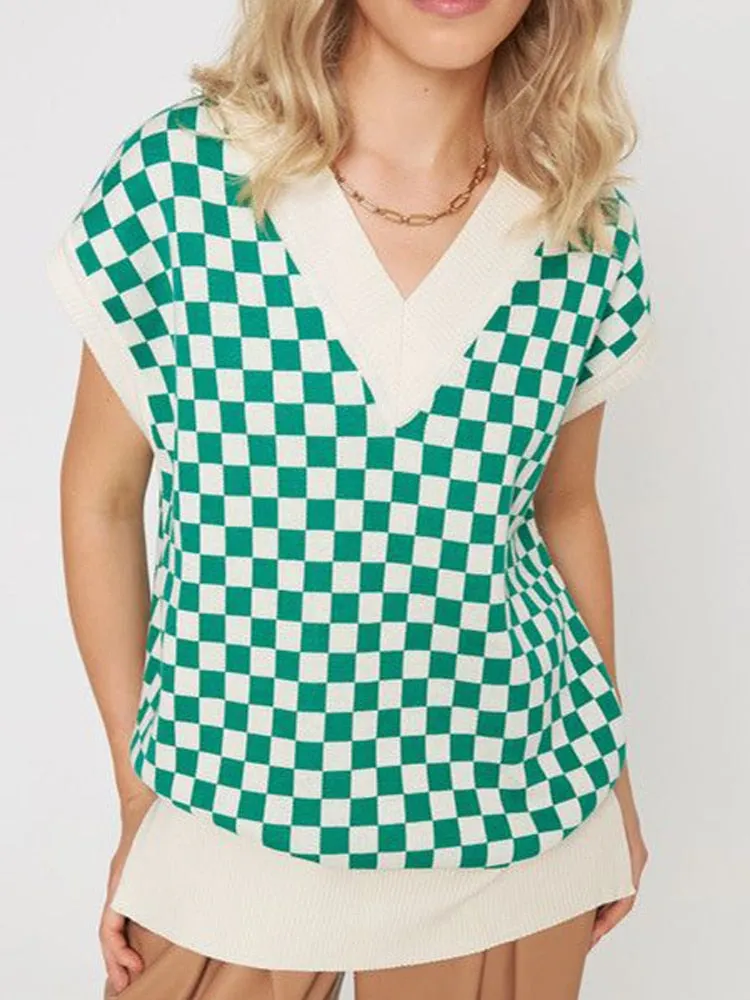 Tossy Casual Argyle Women's Vest Knitted Sleeveless Sweater Top For Women 2021 Autumn New V-Neck Pullover Vest Y2k Knitwear