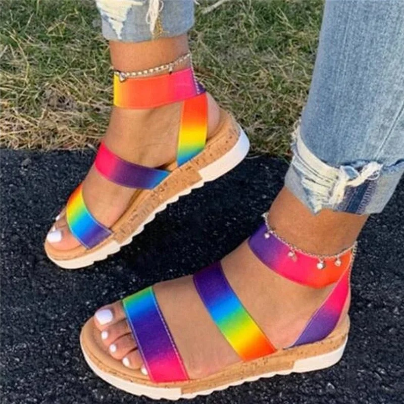 Wholesale Women Summer Sandals Plus Size 43 Multi Color Platform Sandals Rainbow Wedges Heel Casual Beach Shoes For Dropshipping