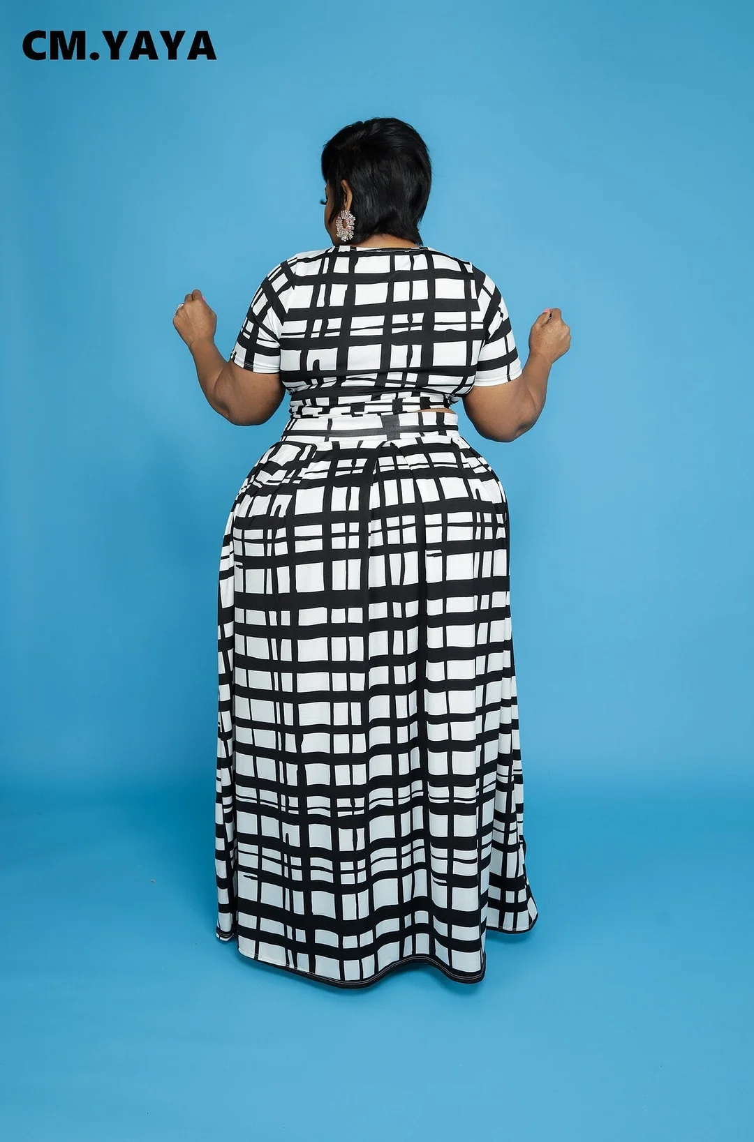 CM.YAYA Women Plus Size Plaid Two Piece Set Fashion Tie Up T-shirt and Maxi Skirts Matching Set Streetwear Vintage Outfits