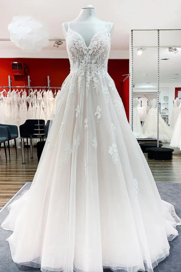 Luluslly Fabulous Long V-Neck Spaghetti-Straps Ruffles Wedding Dress With Lace Tulle