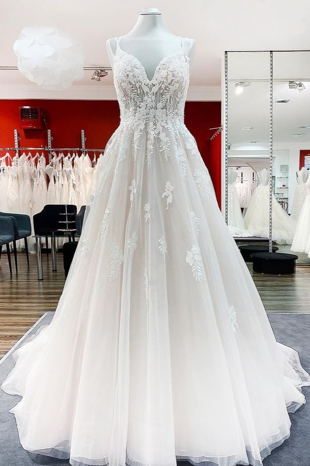 Simple Princess V-neck Spaghetti-Straps Long Ruffles Wedding Dress With Lace Tulle | Ballbellas Ballbellas