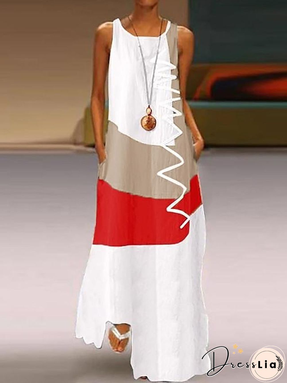 Womens Maxi Dress With V-neck Long Sleeveless Color Block Patchwork Summer Plus Size