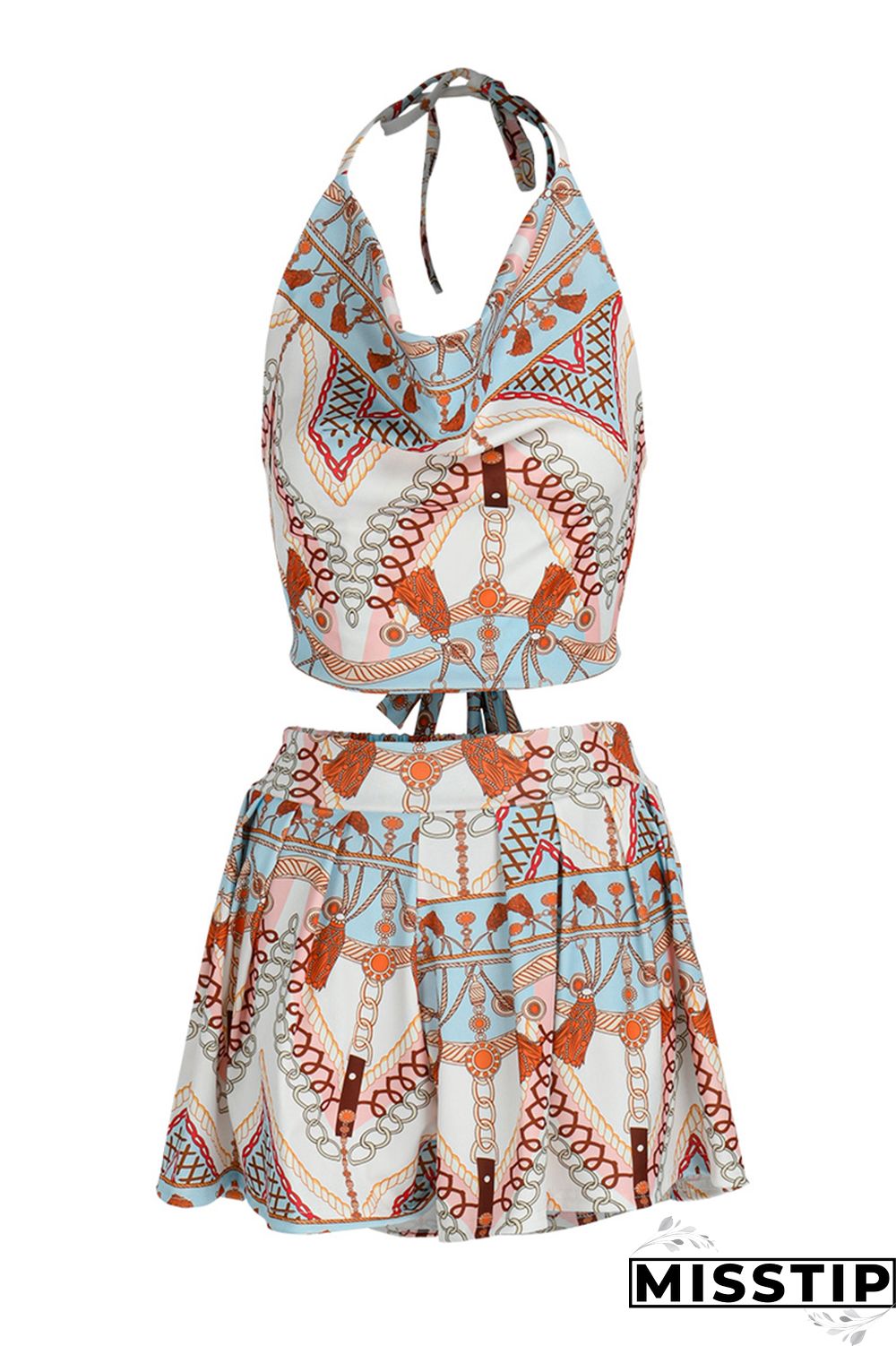 Orange Fashion Print Backless Strap Design Halter Sleeveless Two Pieces