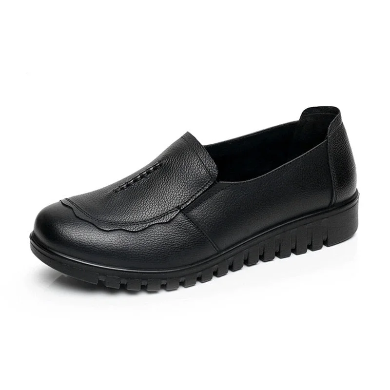 Women Female Old Mother Flats Shoes Loafers Slip On Round Toe Black Cow Genuine Leather Casual Non Slip 35-41 HD-807