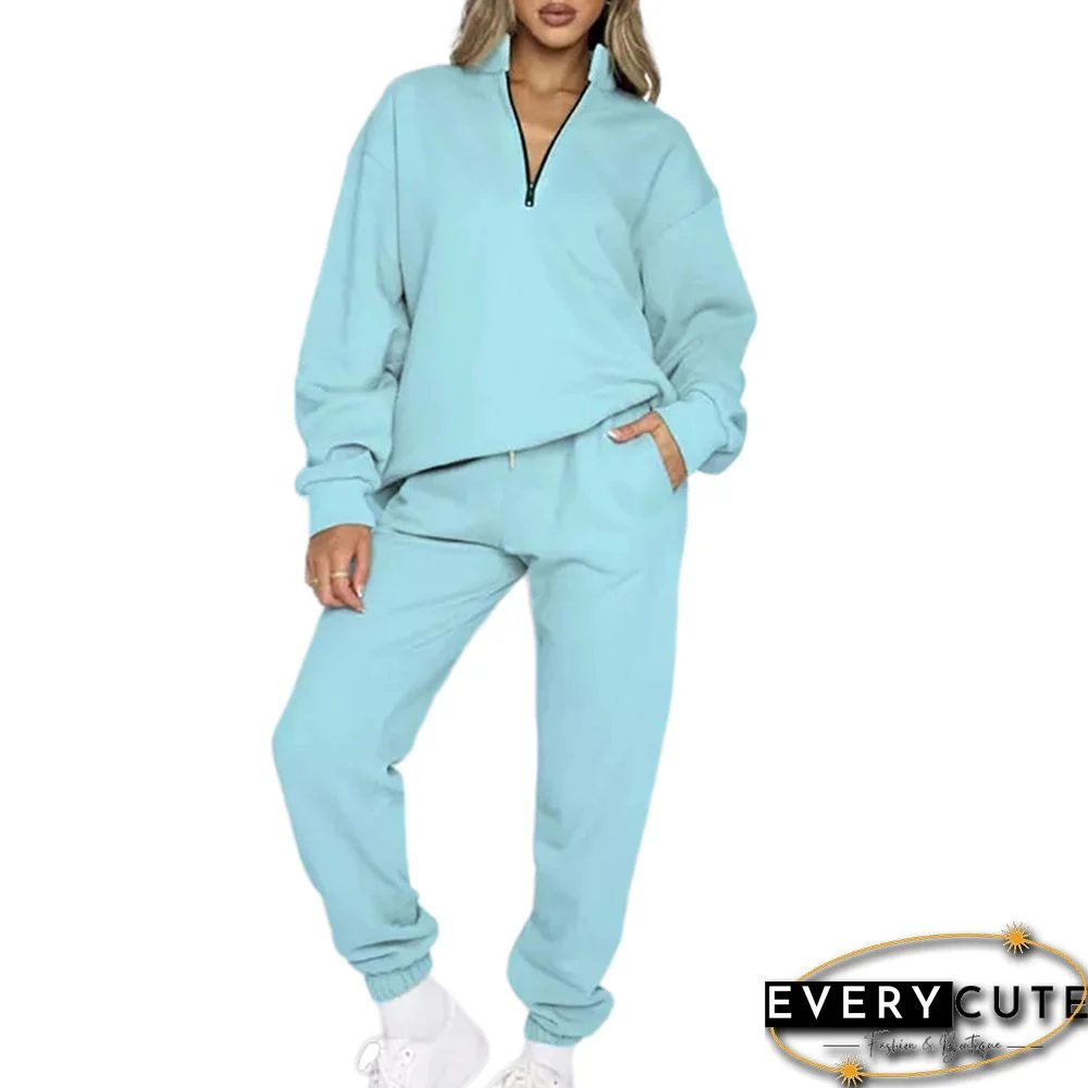 Light Blue Zipper Stand Neck Sweatshirt and Drawstring Pant Set