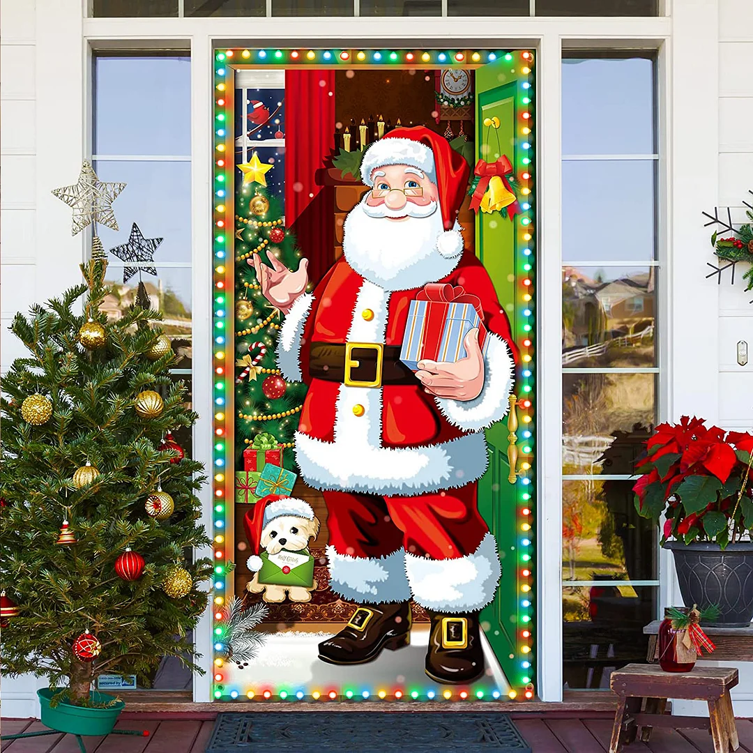 Santa Claus background banner with Christmas decorations at home front door
