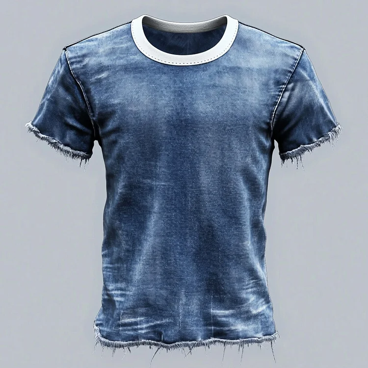 Men's Retro Raw Edge Round Neck Short Sleeve Denim T-Shirt