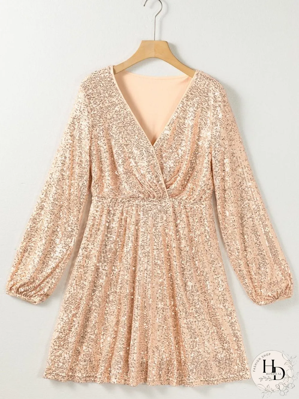 Shimmering Apricot V-neck Sequin Mini Dress
