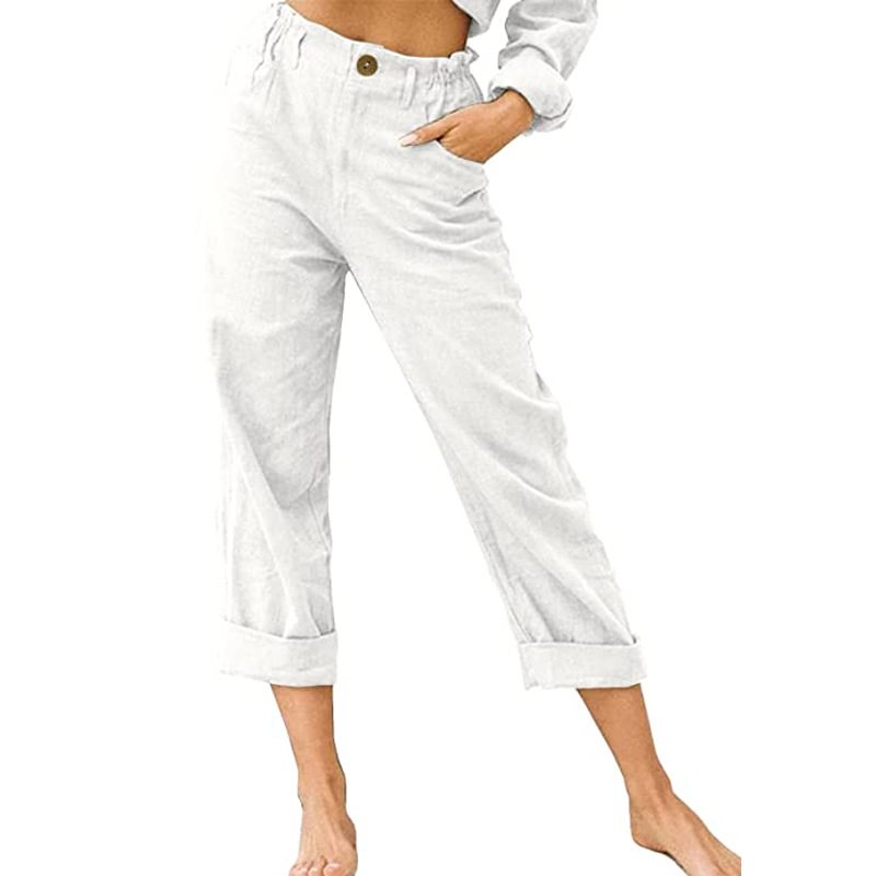 Women's Summer Solid Color Cotton Linen Fashion Loose Waist Trousers Pants