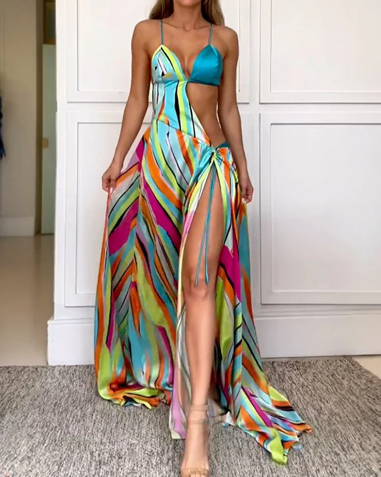 Sleeveless cutout rainbow print dress