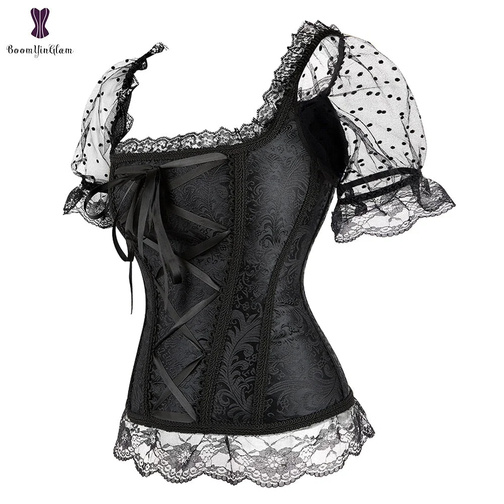 Fashion Princess Style Women Black Lingerie Body Shapewear Lace Bustier Top Short Sleeve Corset