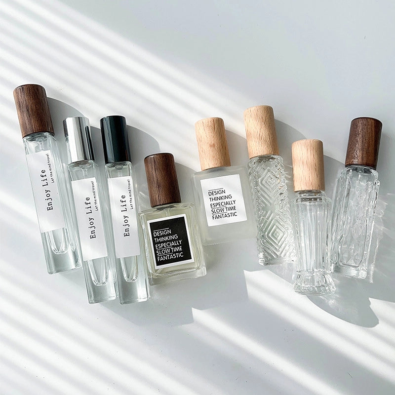 Perfume Sub-bottle High-end Portable 10 Ml Small Sample Bottle Press Bottle Glass Spray Replacement Bottle Wooden Lid Empty Bottle