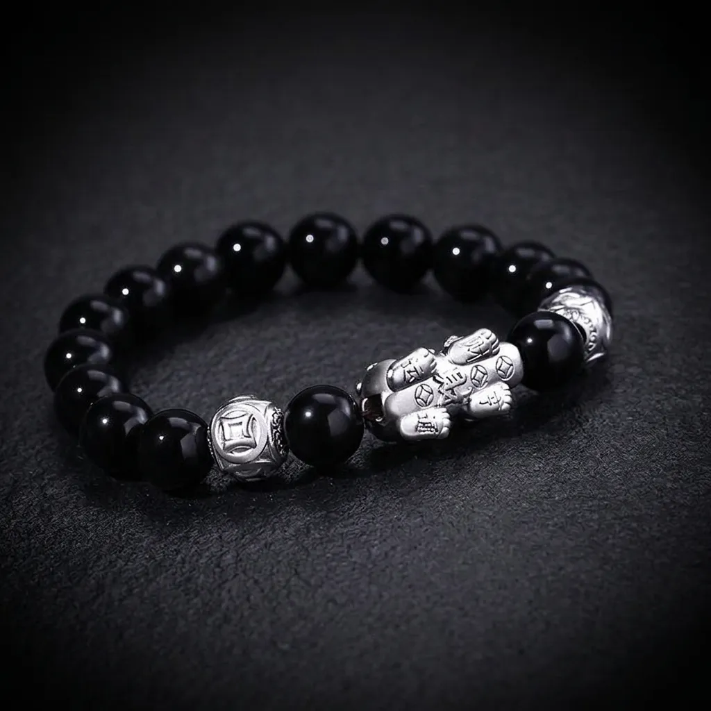 JiStones Obsidian Pixiu Bracelet - Men's Handcrafted Prosperity Amulet Mystic Black Obsidian with Silver-Tone Pixiu