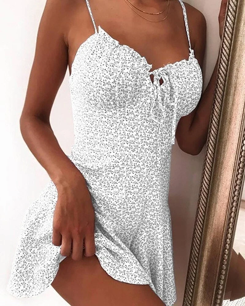 Women Summer Mini Dress Tie Front  Elegant Sexy Off Shoulder Ruffle Party Dress Femme Backless A-Line Dresses Floral Print tops