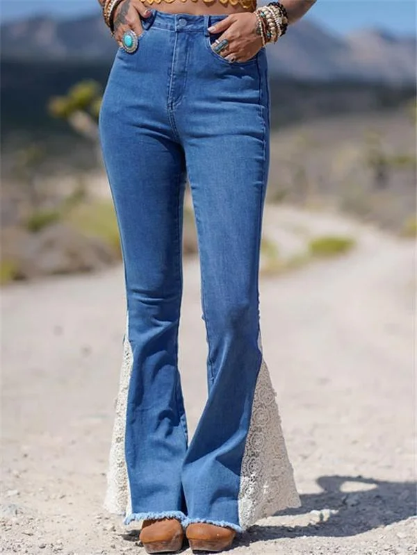 Women Lace Joint Denim Bell-Bottomed Pants