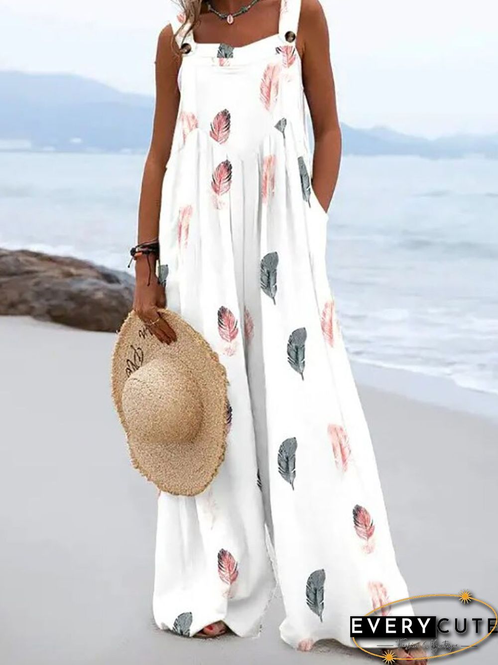 Summer Vintage Print Trousers Jumpsuit Women Casual Sling Sleeveless O Neck Wide Leg Playsuits Fashion High Street Loose Romper