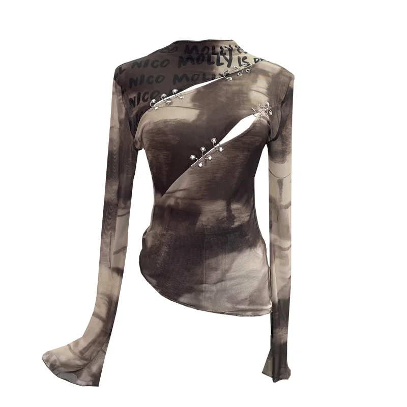 Uveng Pure Want To Play The Bottom Of The Long-Sleeved T-Shirt Design Hollow Print Irregular Mesh Yarn Personality Hottie Top 2629