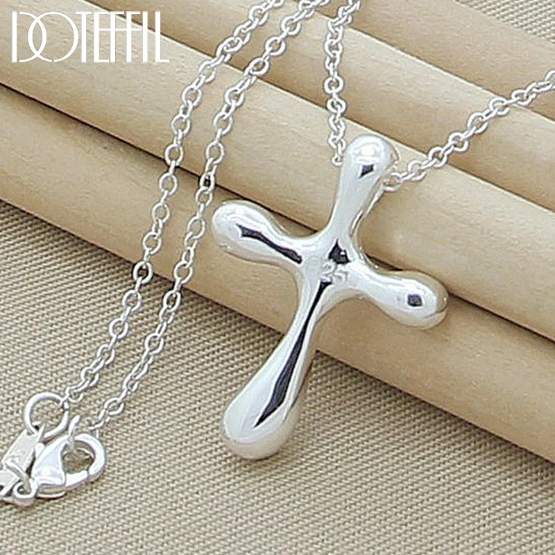 DOTEFFIL 925 Sterling Silver Droplets Cross Pendant Necklace 18 Inches Chain For Woman Jewelry