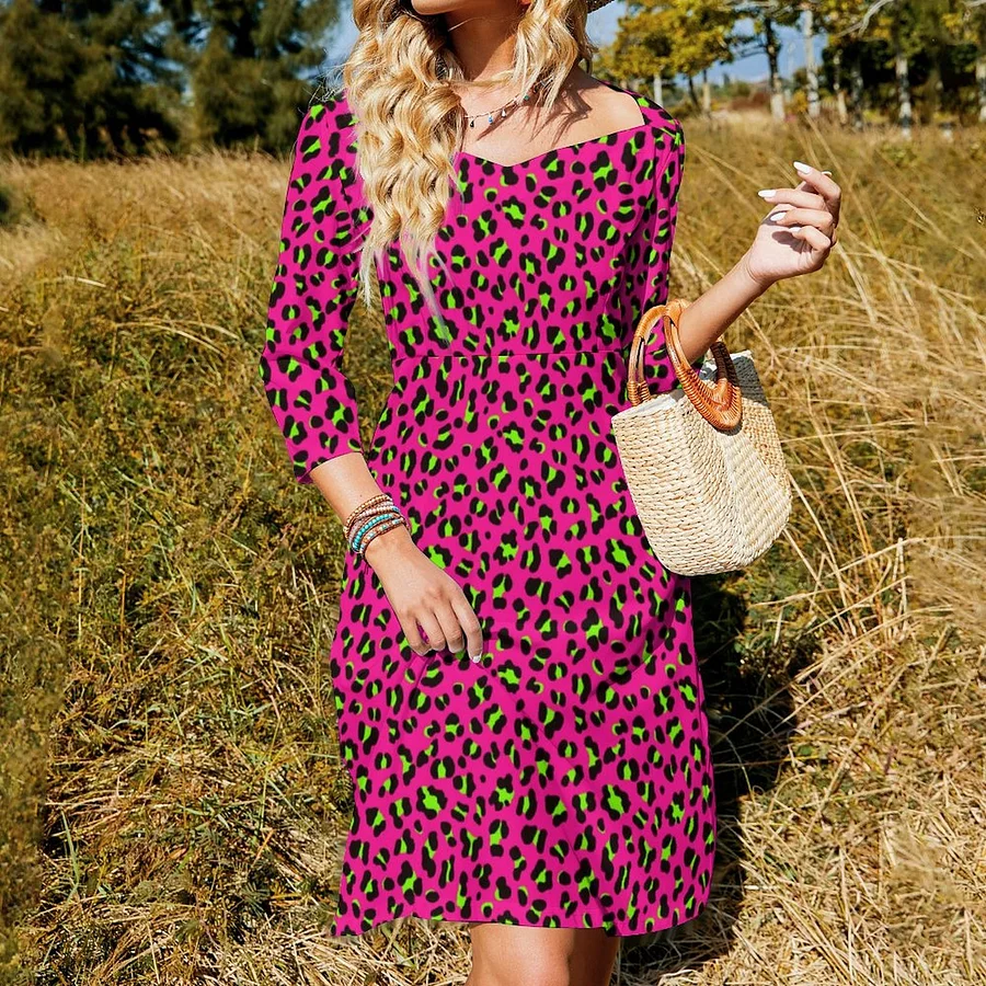 SFNEEWHO 80S Neon Pink Fuchsia And Lime Green Leopard Dress Sweetheart Tie  Back Flared 3/4 Sleeve Midi Dresses