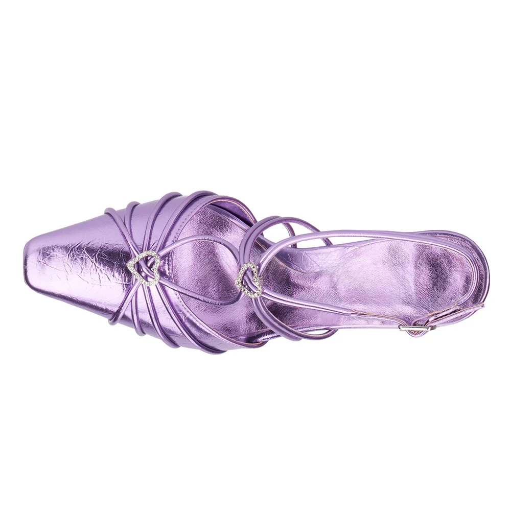 Metallic Purple Pointed Toe Buckled Flared High Heels for Women