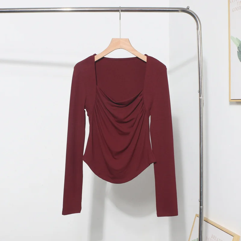 Brownm French Style Long-Sleeved T-Shirt Girl Autumn And Winter Collar Folded Folded Body Inside The Bottom Shirt Top 1665