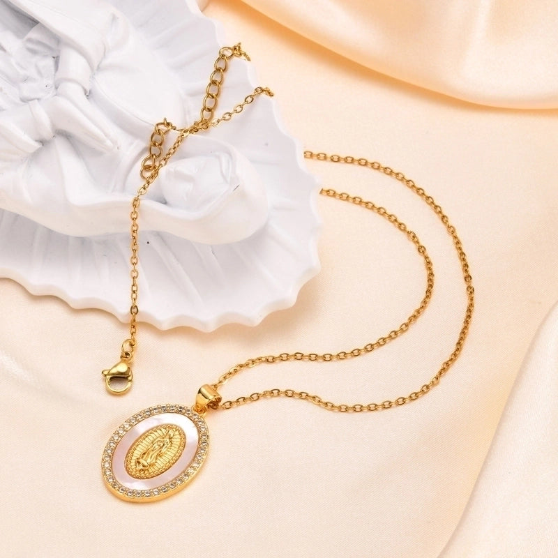 IG Style Portrait Virgin Mary 201 Stainless Steel Shell Zircon 18K Gold Plated Inlay Pendant Necklace