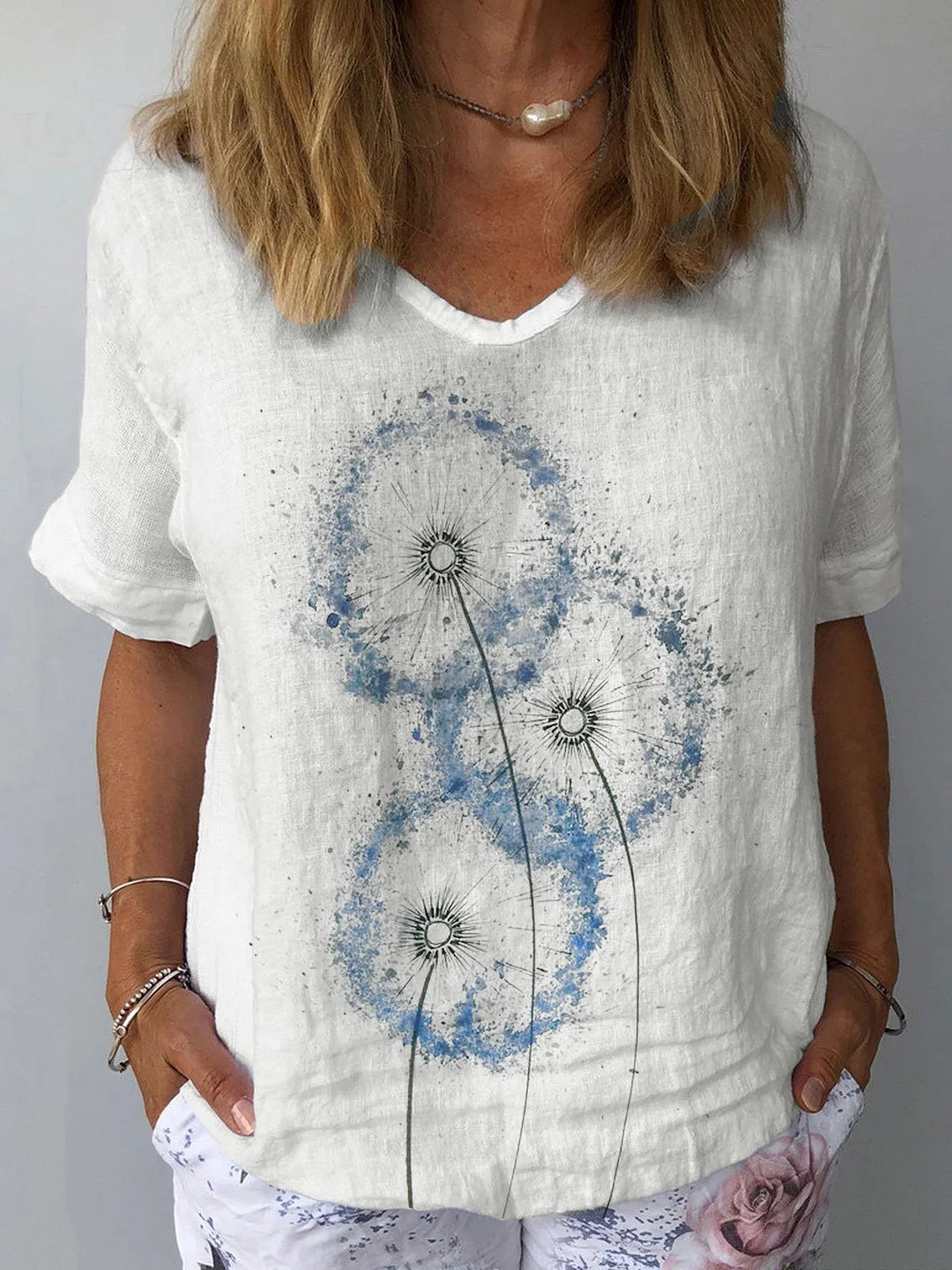 Women's Dandelion Print Cotton Linen Casual Top