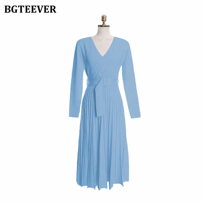 BGTEEVER Elegant V-neck Thick Warm Women Knitted Pleated Dress Long Sleeve Belted Sashes Ladies Sweater Dress 2020 Autumn Winter