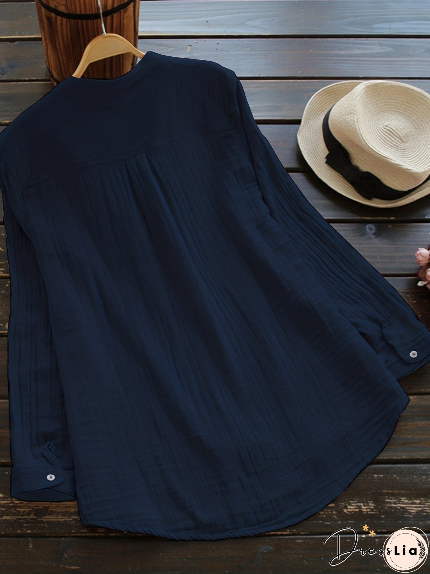 Plus Size Casual Blouse, Women's Plus Solid Long Sleeve Notched Neck Ruched Back Round Hem Slight Stretch Henley Blouse With Pocket