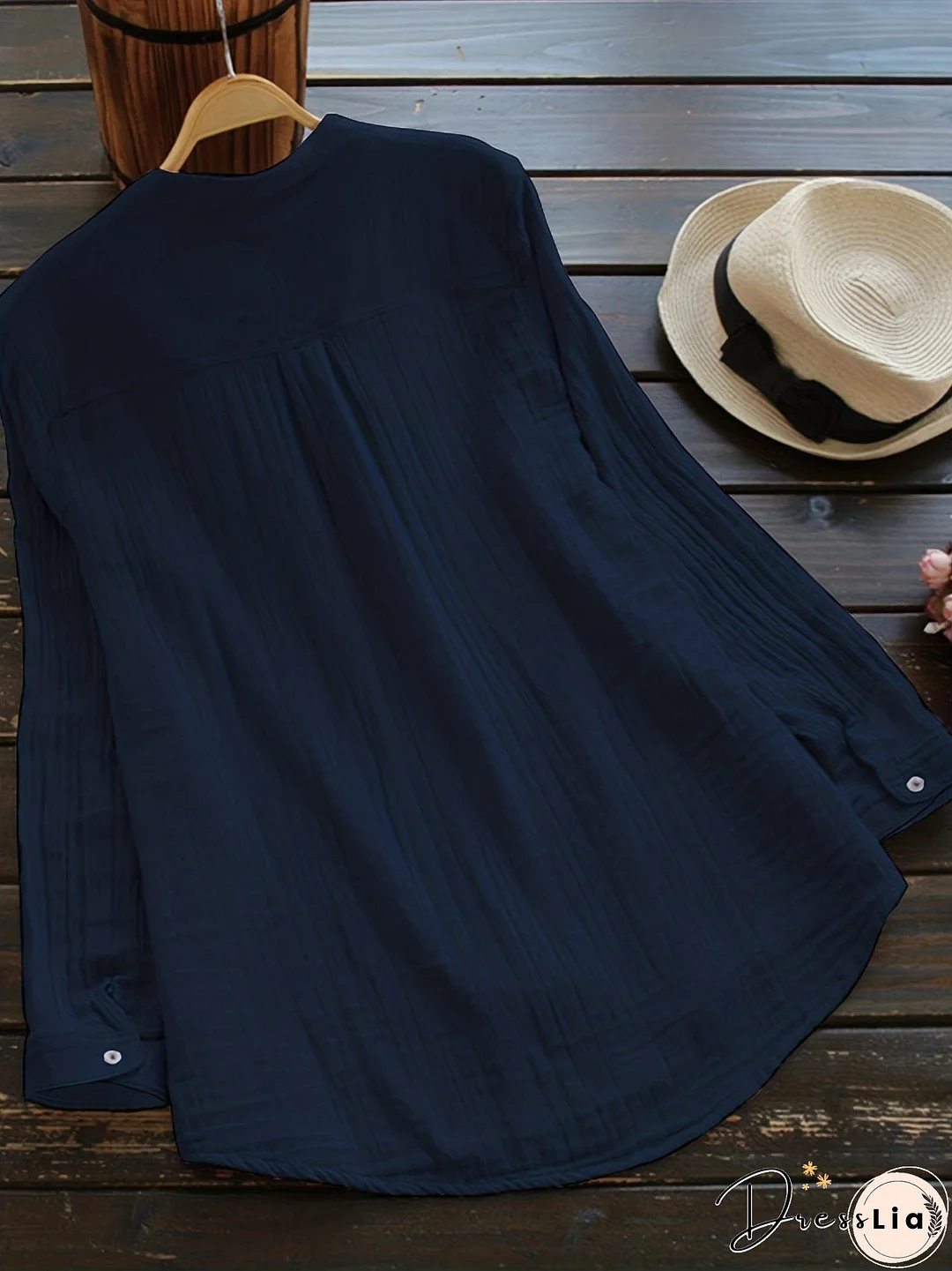 Plus Size Casual Blouse, Women's Plus Solid Long Sleeve Notched Neck Ruched Back Round Hem Slight Stretch Henley Blouse With Pocket