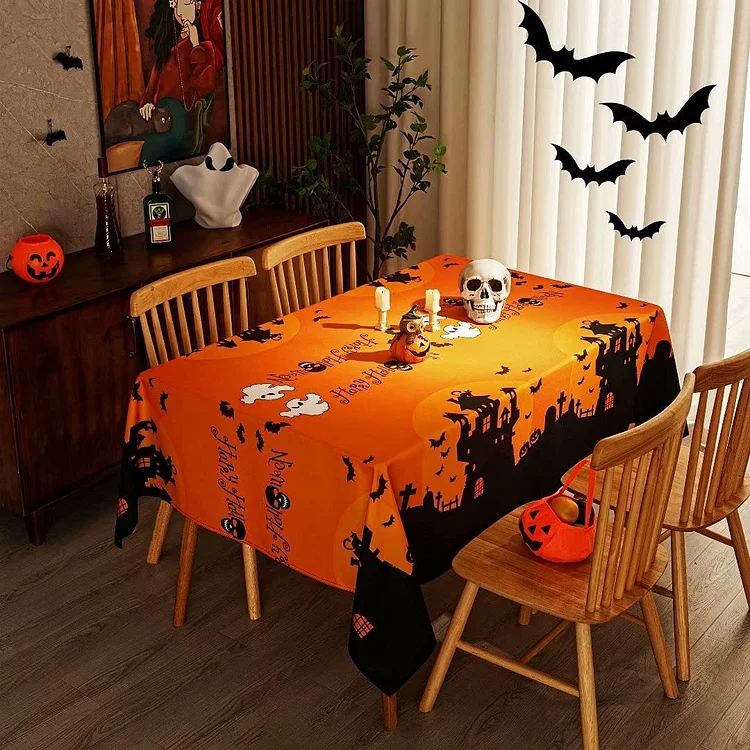 Happy Halloween Skull Castle Themed Rectangle Tablecloth Holiday Party Decor Reusable Waterproof Tablecloth Kitchen Table Decor