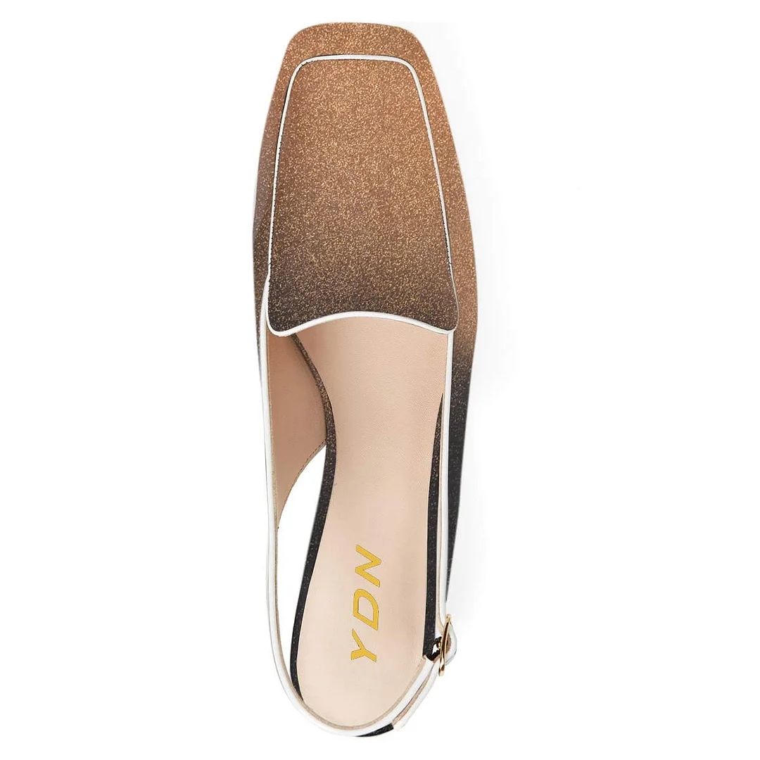 Gold & Black Gradient Square Toe Glitter Slingback Heeled Loafers