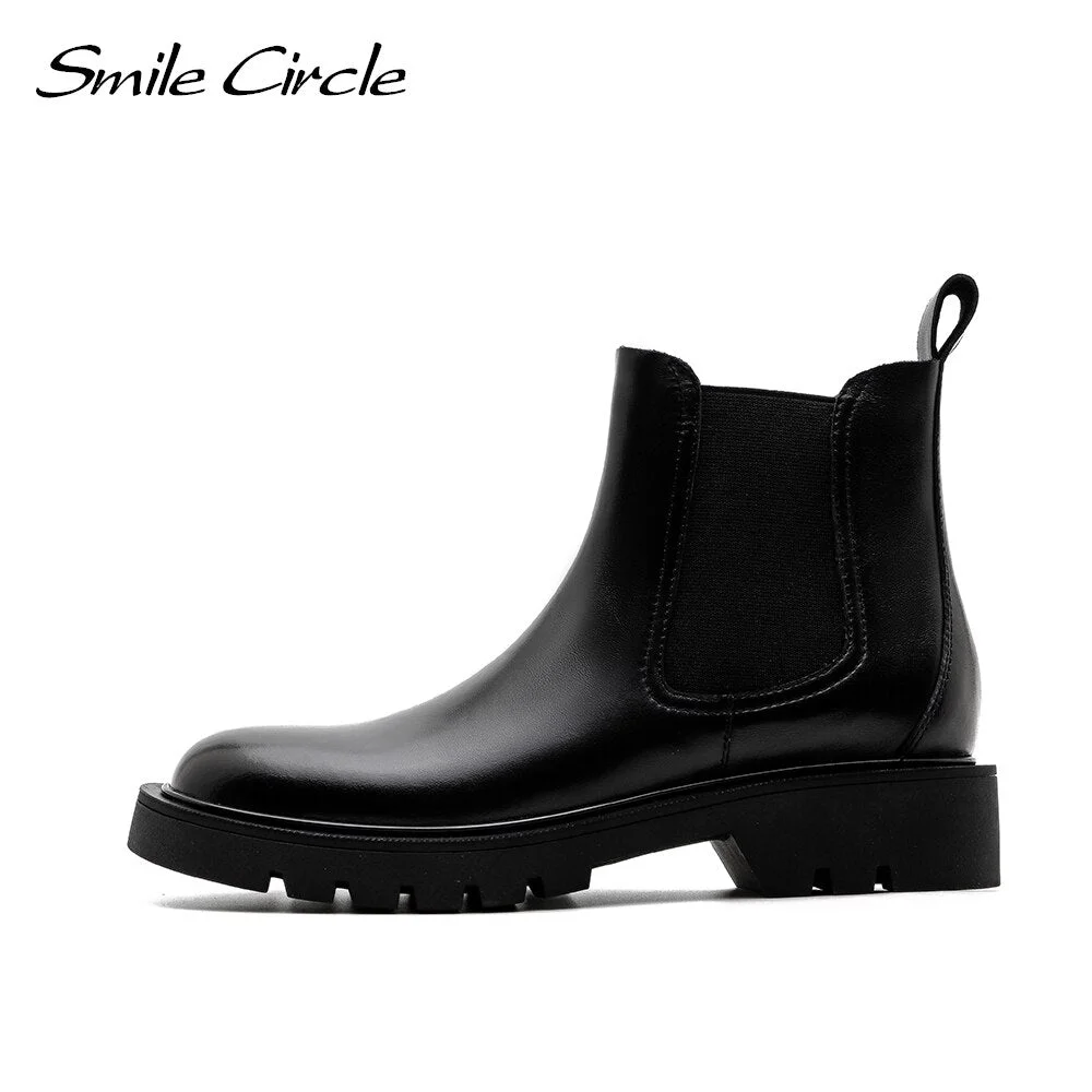 Smile Circle Cow Leather Chelsea Boots Ankle Slip-On Boots Women Autumn Platform Boots Fashion Casual Booties femme