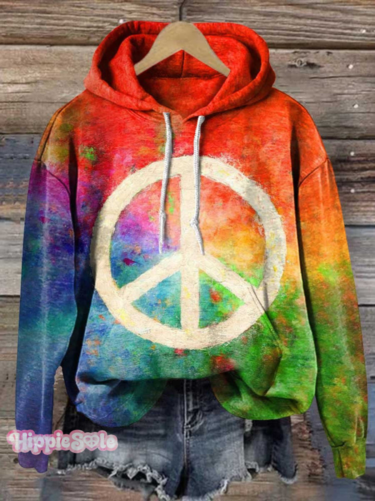 Retro Hippie Peace Sign Love And Rainbow Casual Hoodie Sweatshirt Multicolor / S