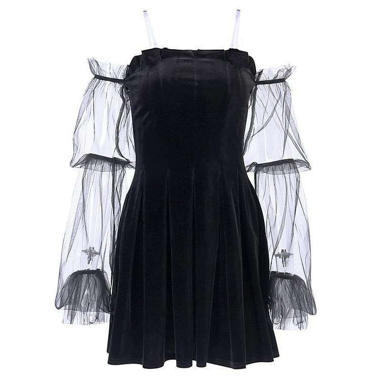 Black Velvet Sexy Tulle See Through High Waist Pleated Dress - Modakawa