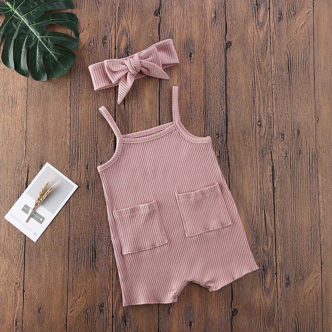2020 Baby Summer Clothing Infant Newborn Baby Girls Boys Sleeveless Romper Ribbed Solid Pocket Jumpsuit With Headband