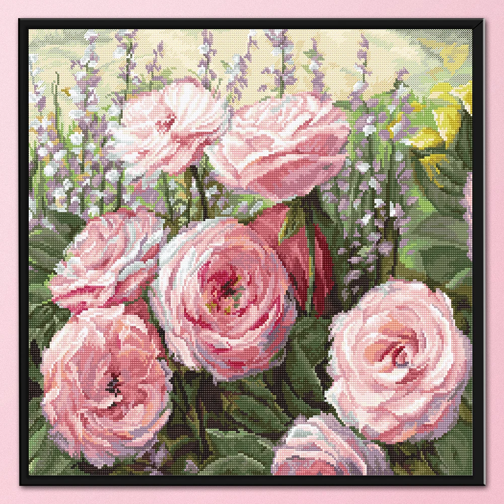 14CT Full Stamped Cross Stitch - Rose Flower(Canvas|48*48CM)