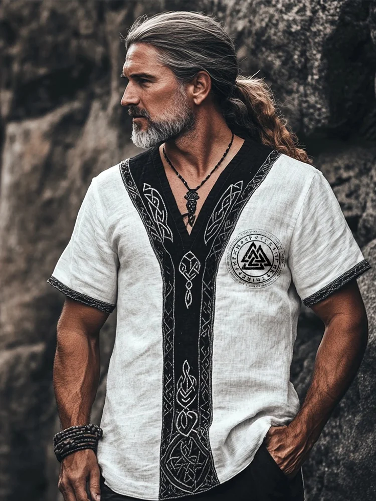 Men's Vintage Viking Inspired Contrast Linen T Shirt