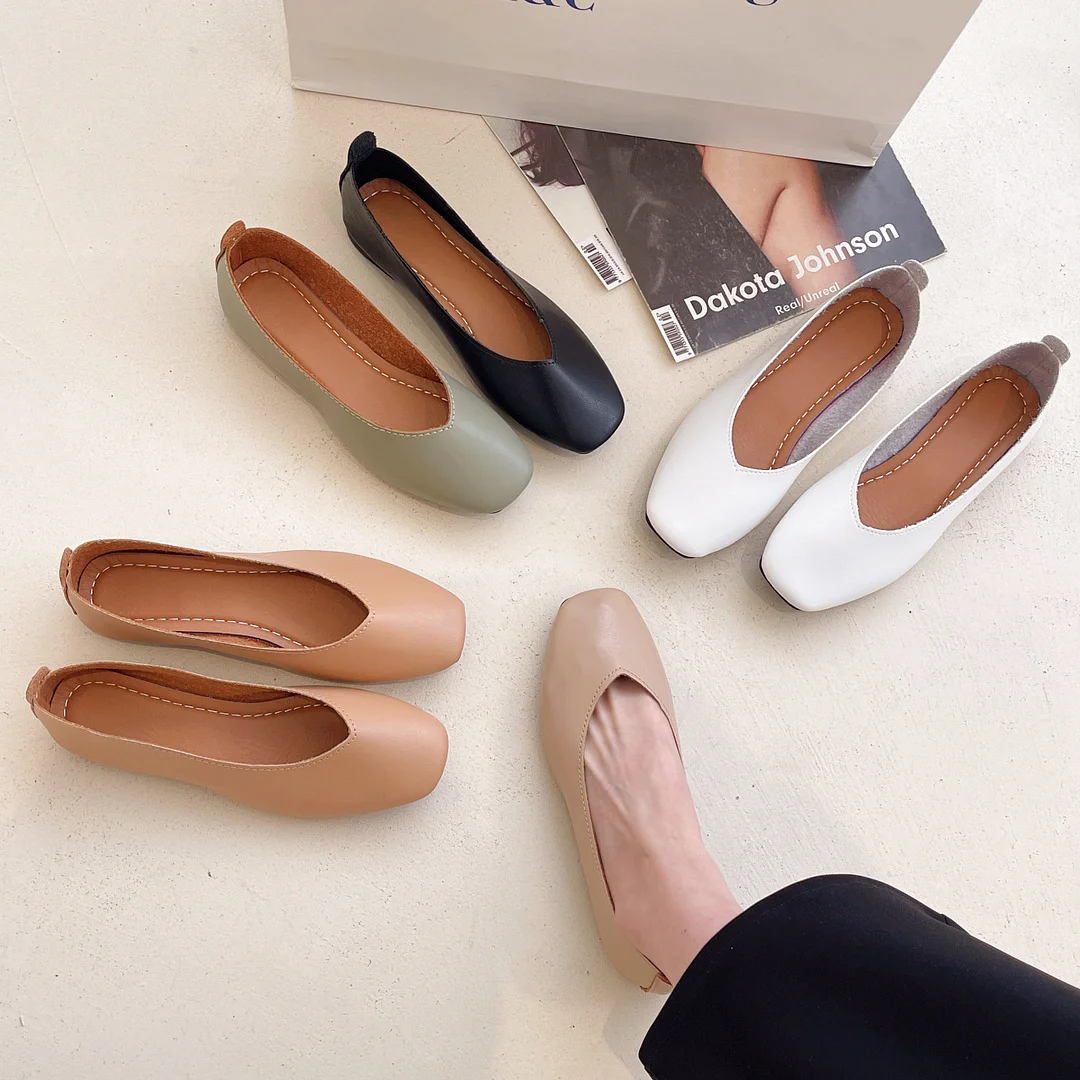 Tanguoant New Flat Sole Shoes Women's Autumn Korean Fashion Shallow Mouth Square Head With A Foot Retro Flat Heel Grandma Shoes Girl
