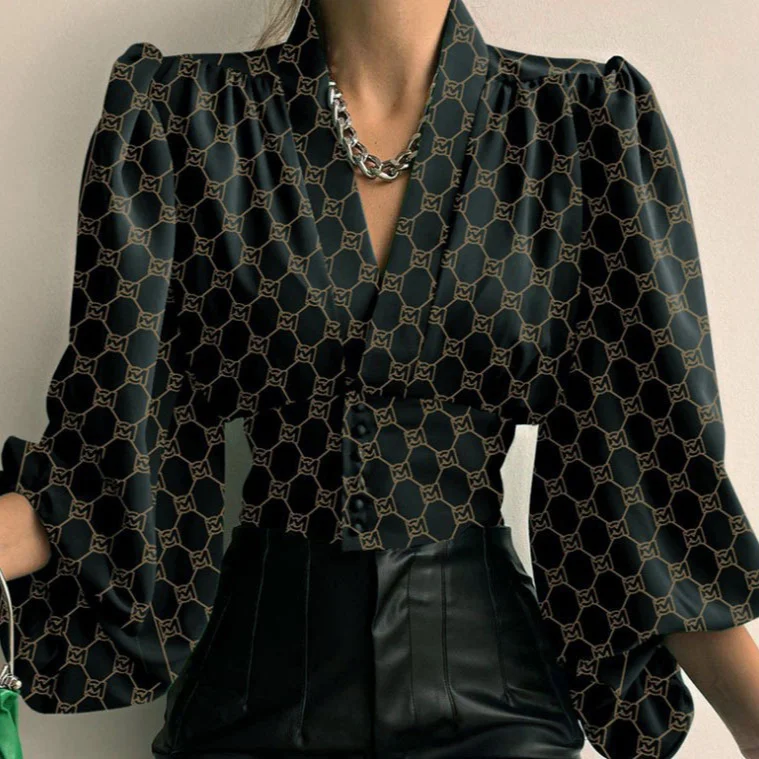 Uveng Uveng Explosion Spring New Temperament Button V-Neck Lantern Sleeve T-Shirt