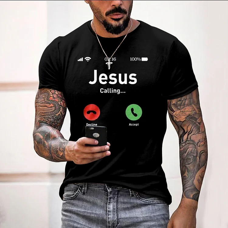 BrosWear Fashion Black Faith Jesus Print Short Sleeve T Shirt