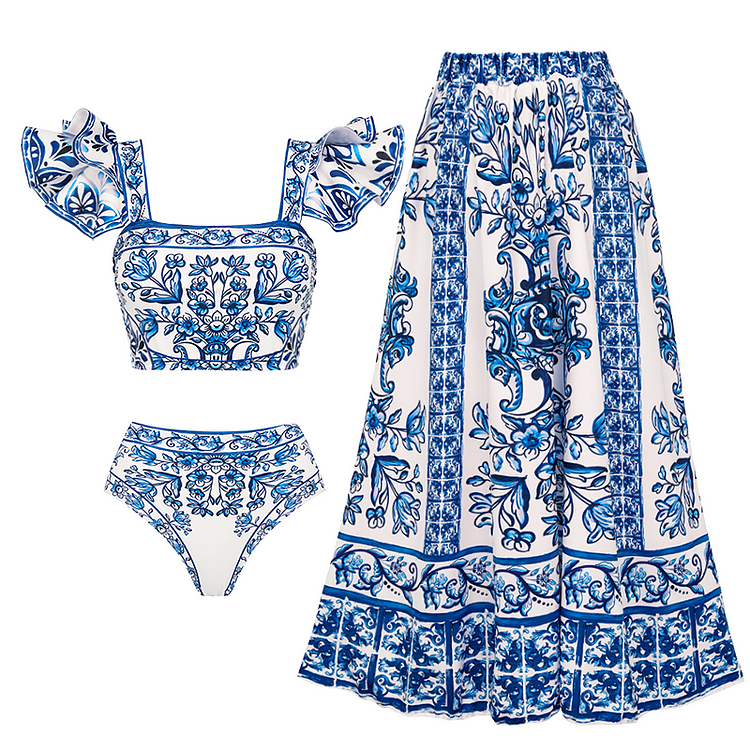 Ruffle Blue and White Porcelain Pattern Majolica Print Bikini Swimsuit and Skirt or Sarong