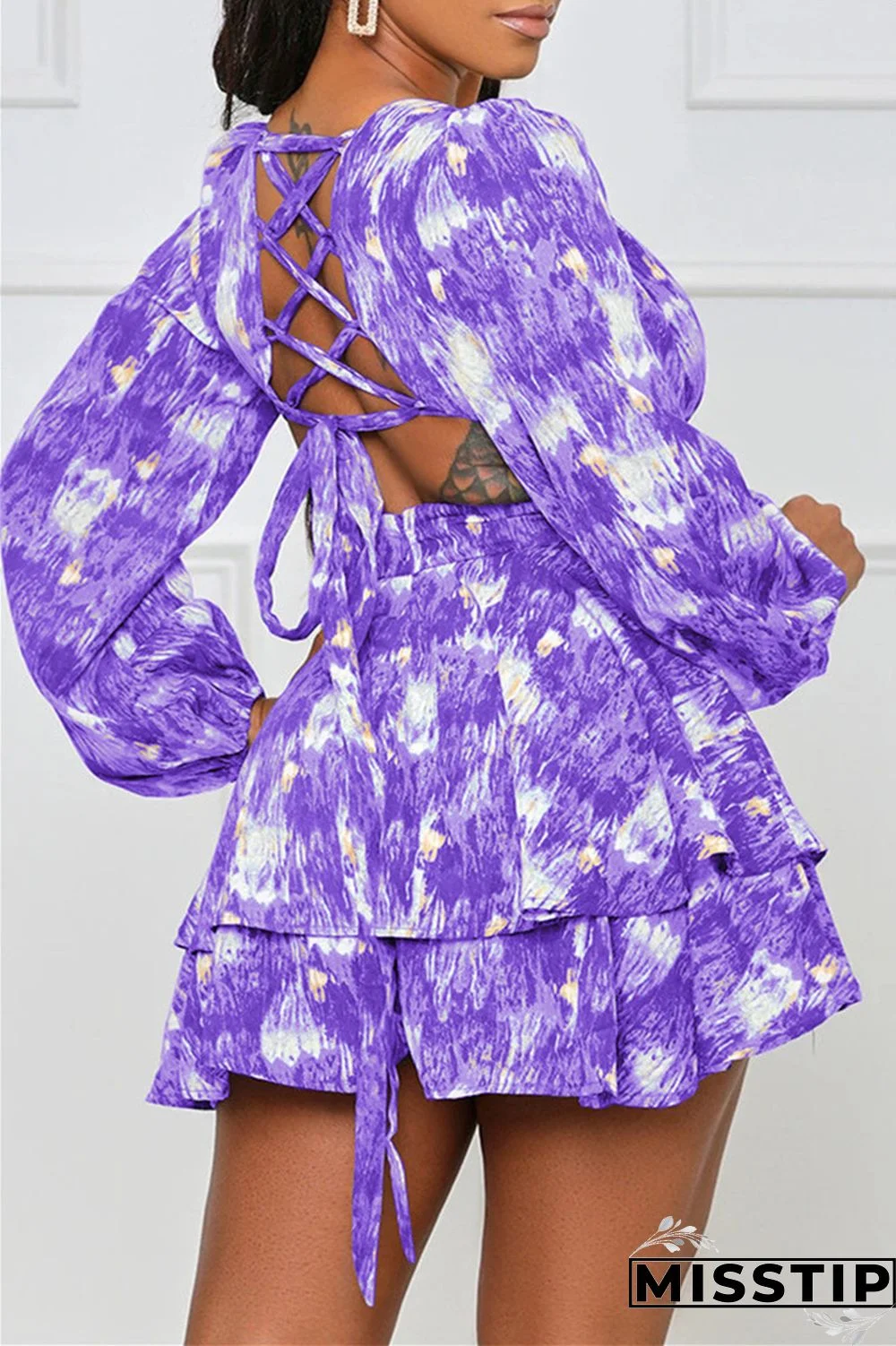 Blue Fashion Casual Print Hollowed Out V Neck Long Sleeve Dresses