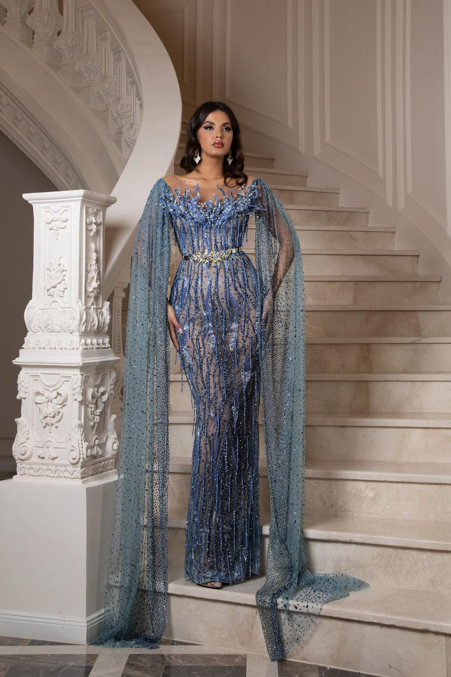 Dark Blue Sleeveless Sequins Appliques Heavy Mermaid Prom Dress
