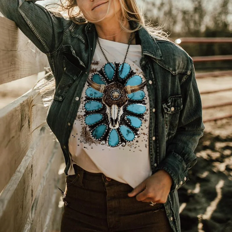 Cow Skull Turquoise Printed Women's T-shirt