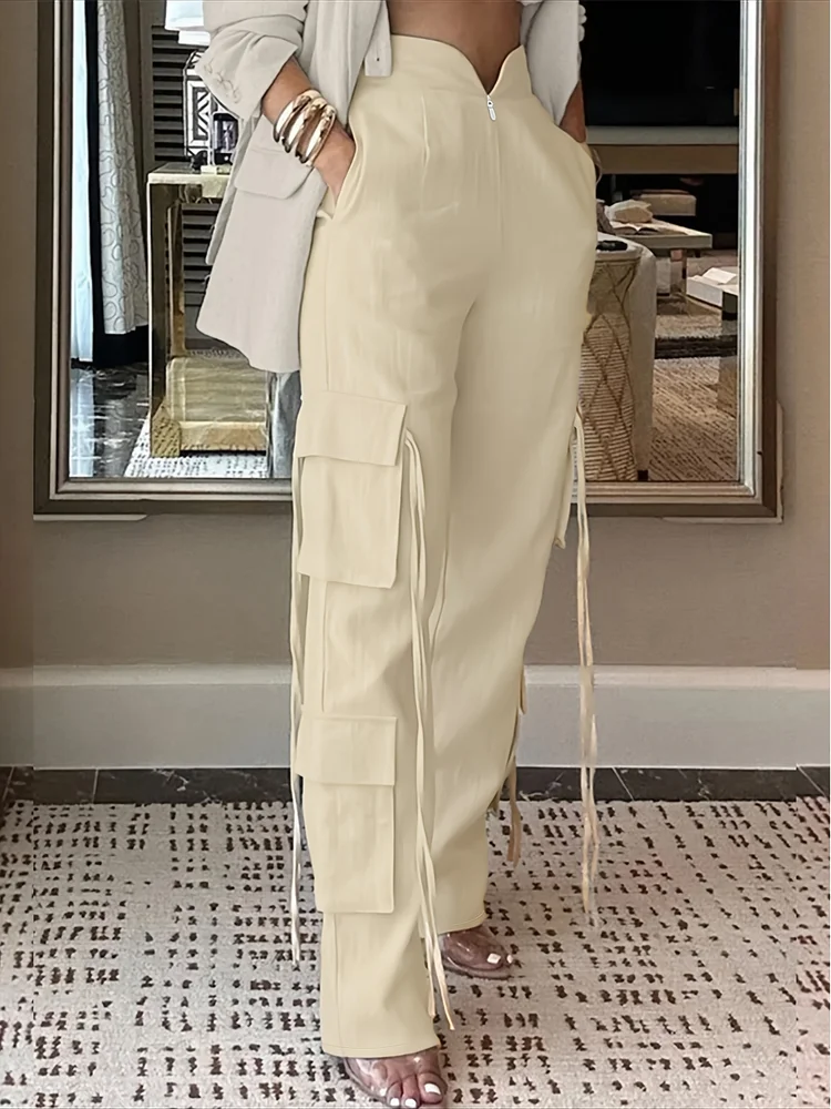 Women's Casual Beige Wide-Leg Pants With Zipper Fly - Comfortable Loose Fit, Side Pockets, All-Season Versatile Trousers For Adults, Comfortable Clothing | Wideleg Pants | Smooth Texture Fabric