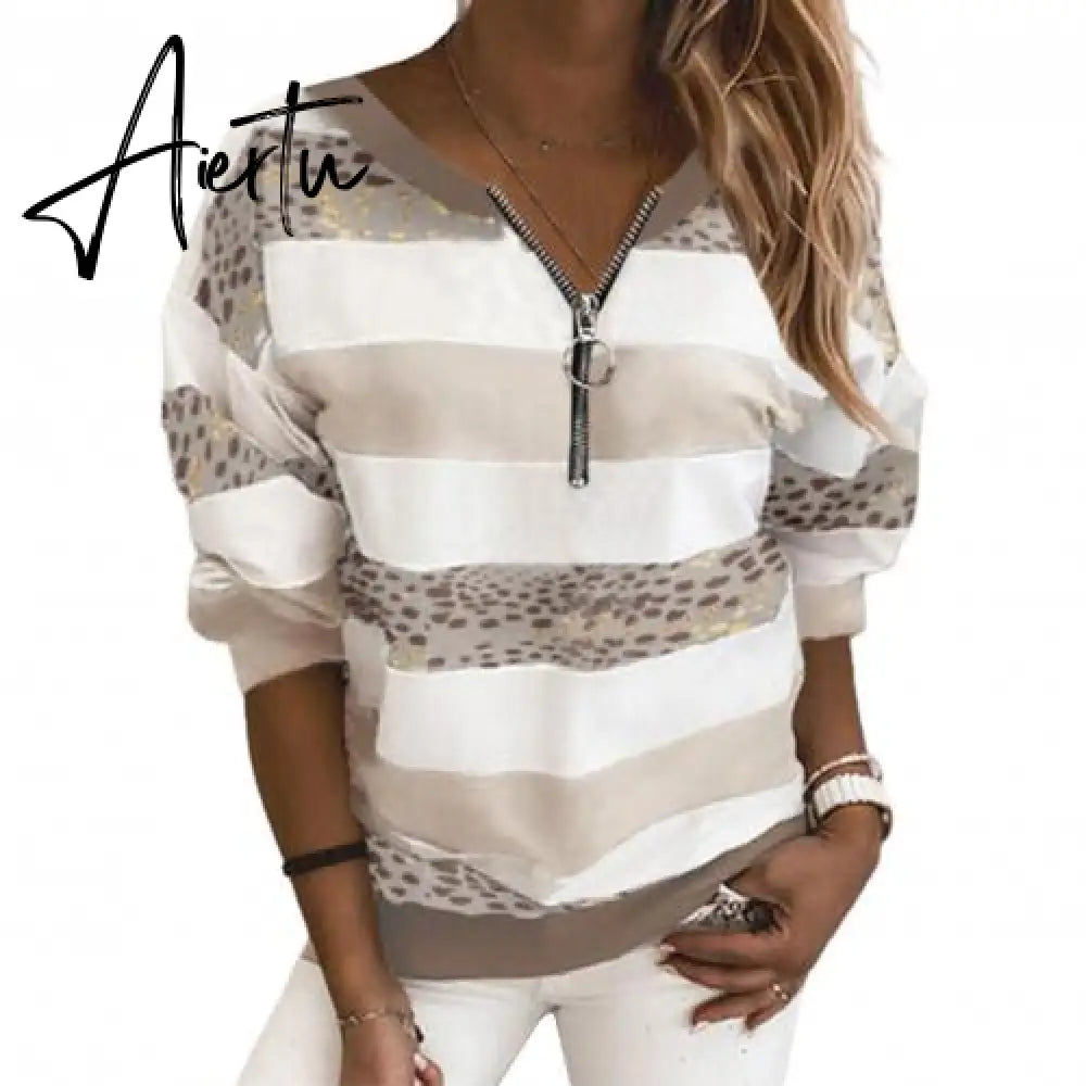 Hoodies Women Stripe Leopard Patchwork Sweatshirt Zipper Long Sleeve Blouse Pullover Women's Clothing Street wear толстовка Aiertu