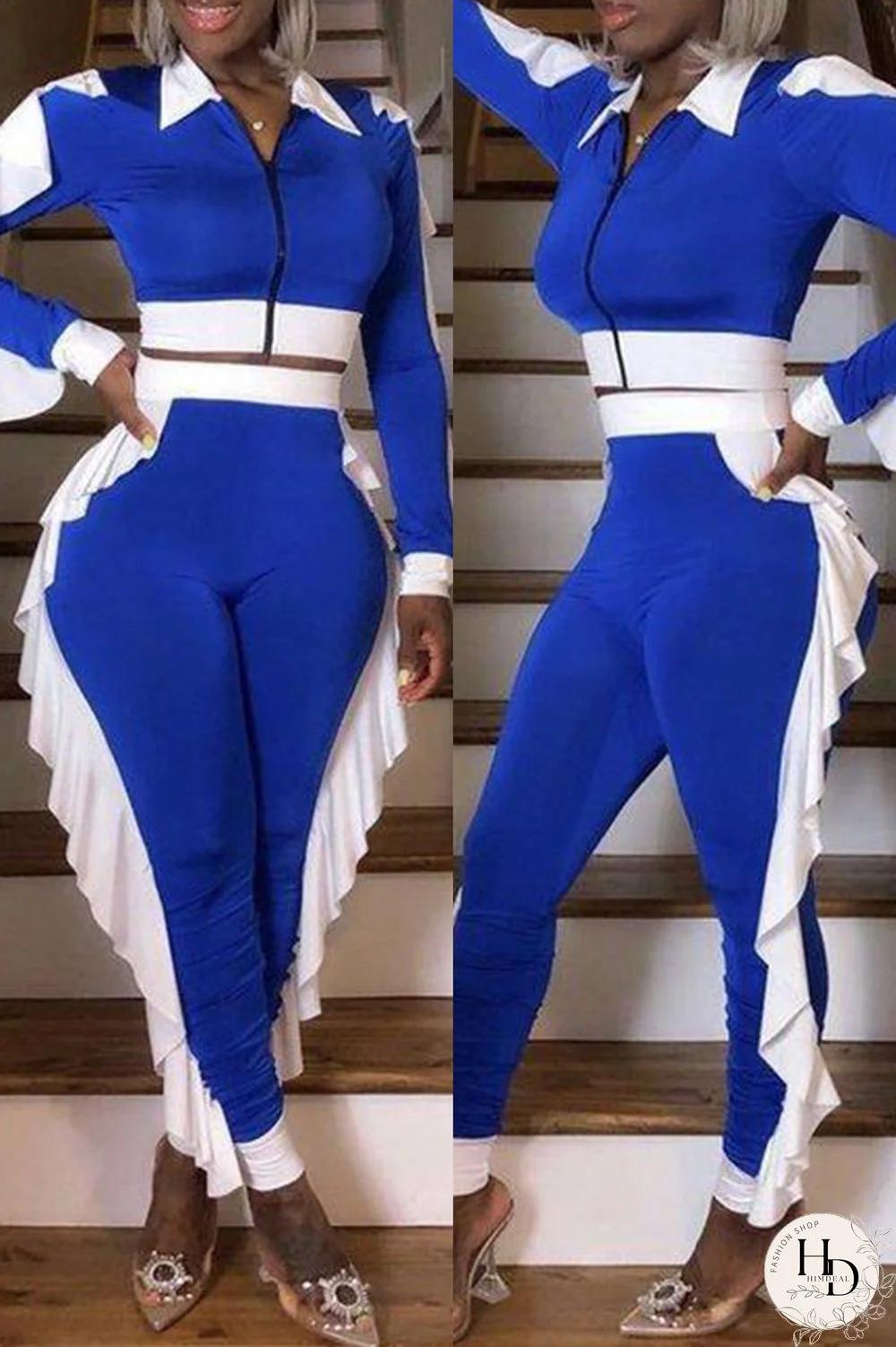 White Fashion Casual Patchwork Zipper Turndown Collar Long Sleeve Two Pieces