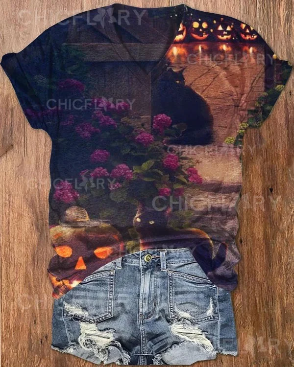 Halloween Pumpkin Cat Floral V-Neck Top