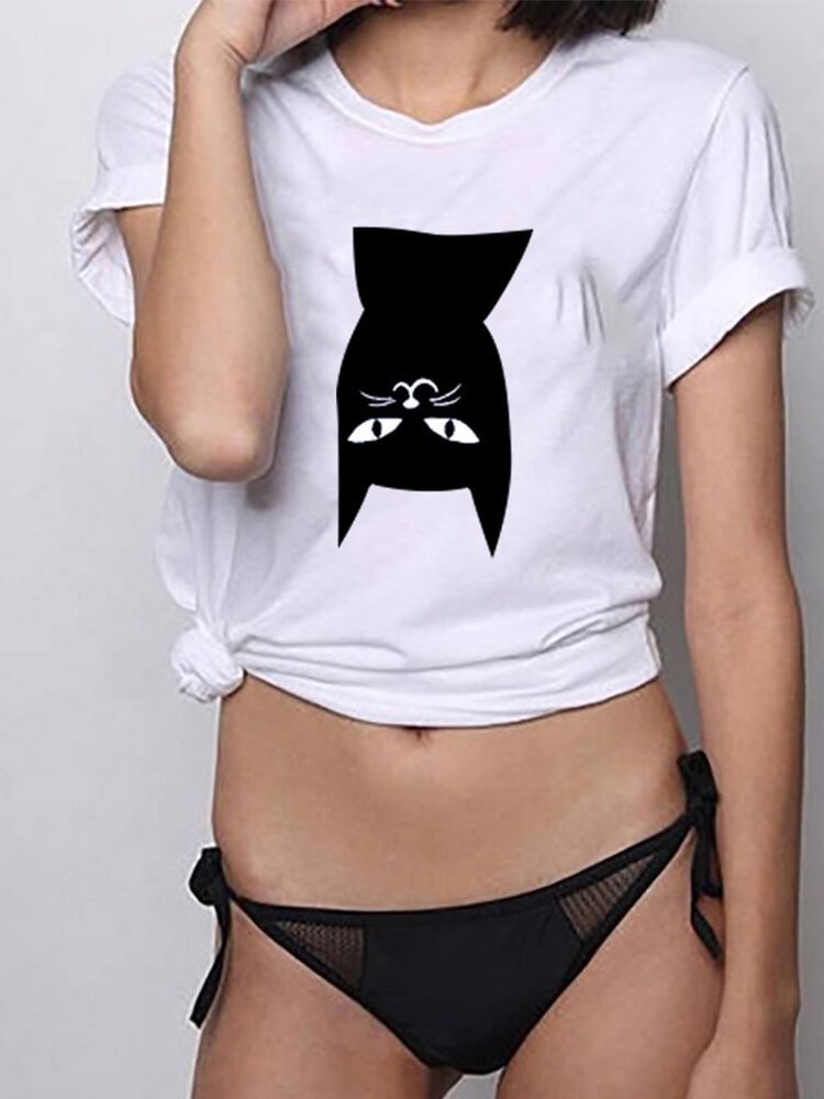 Crew Neck Cartoon Cat Print Short Sleeve Casual T shirt P1661480